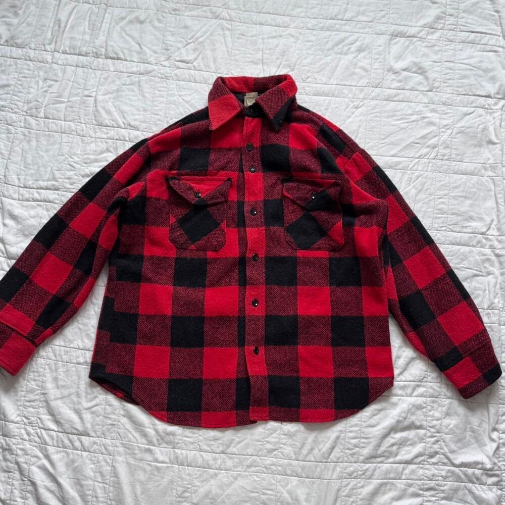 VTG Sears Kings Road 70s flannel shirt mens M red buffalo plaid wool blend retro - Picture 2 of 8